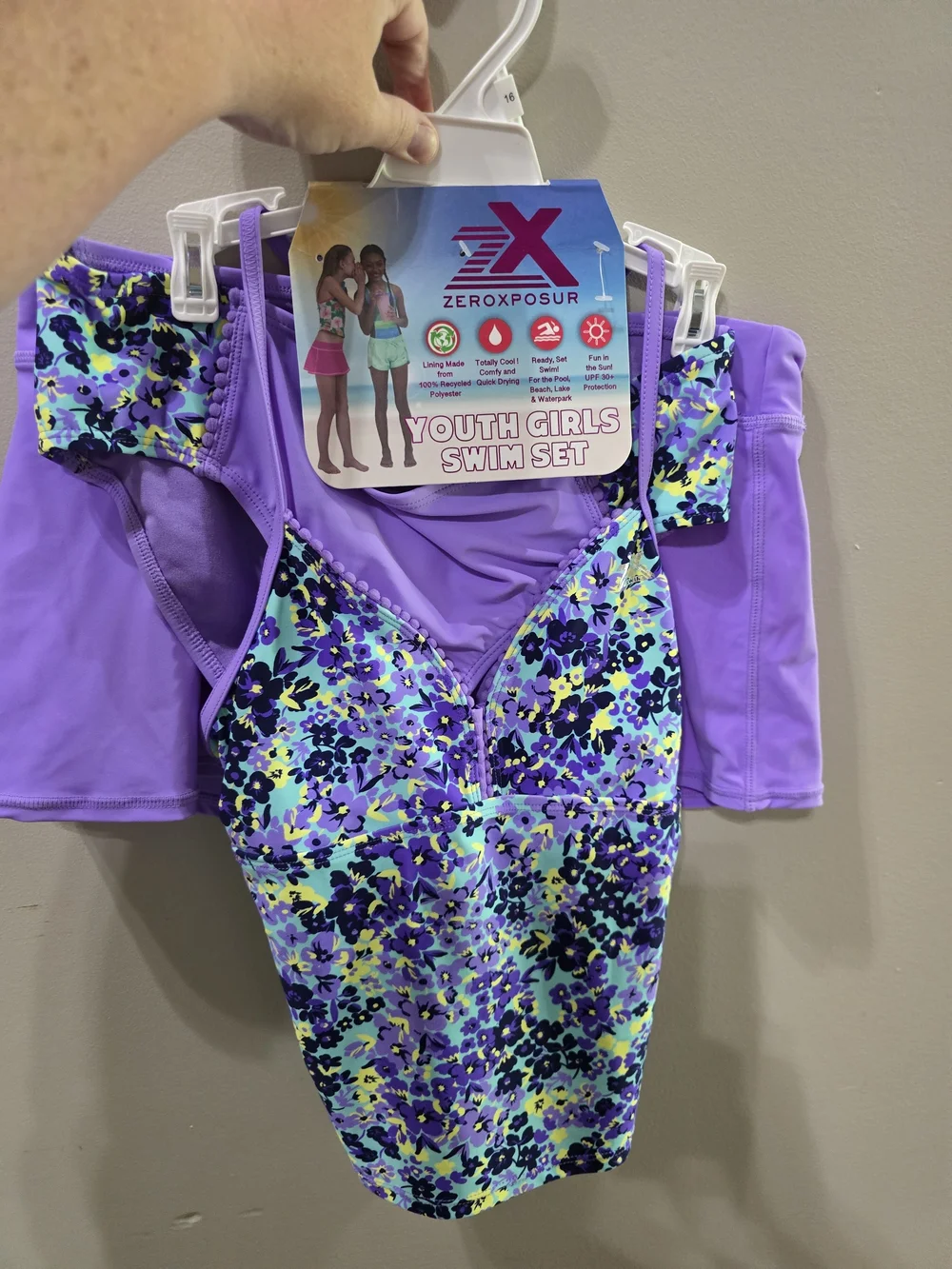 ZeroXposur Girls Purple Floral Swim Set with Multicolor Floral Top Size 16